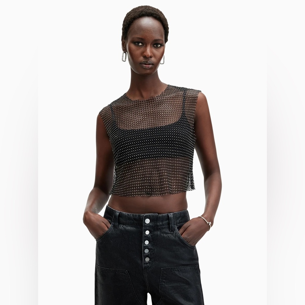 All Saints Black Mesh Crop Top